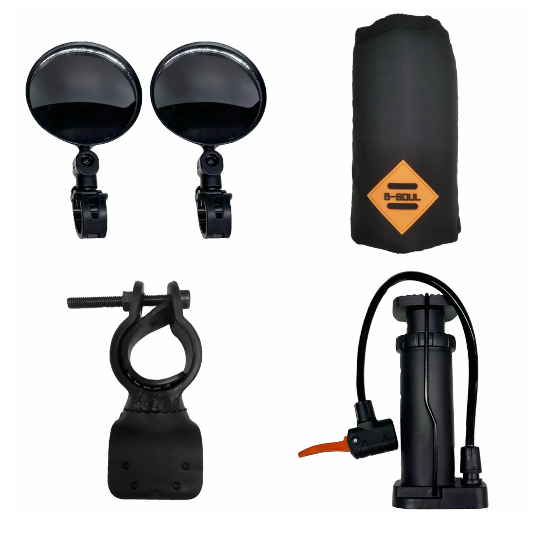 The Paiseec Mobility Scooter S3 Accessory Package includes two round handlebar mirrors, a black and orange storage bag, a black mounting bracket, and a compact air pump with an orange lever—perfect for enhancing your scooter setup.